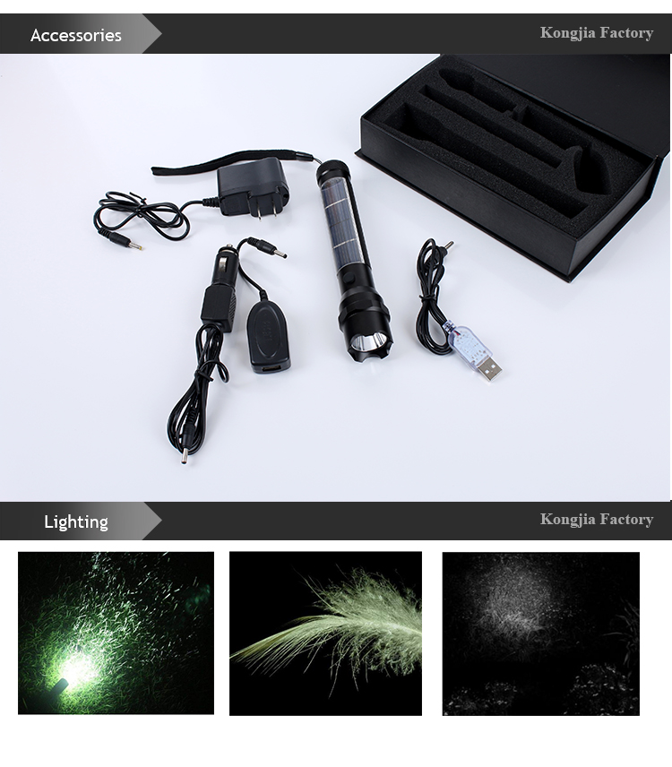 Solar powered flashlight solar torch light  lamp torches with USB rechargeable battery