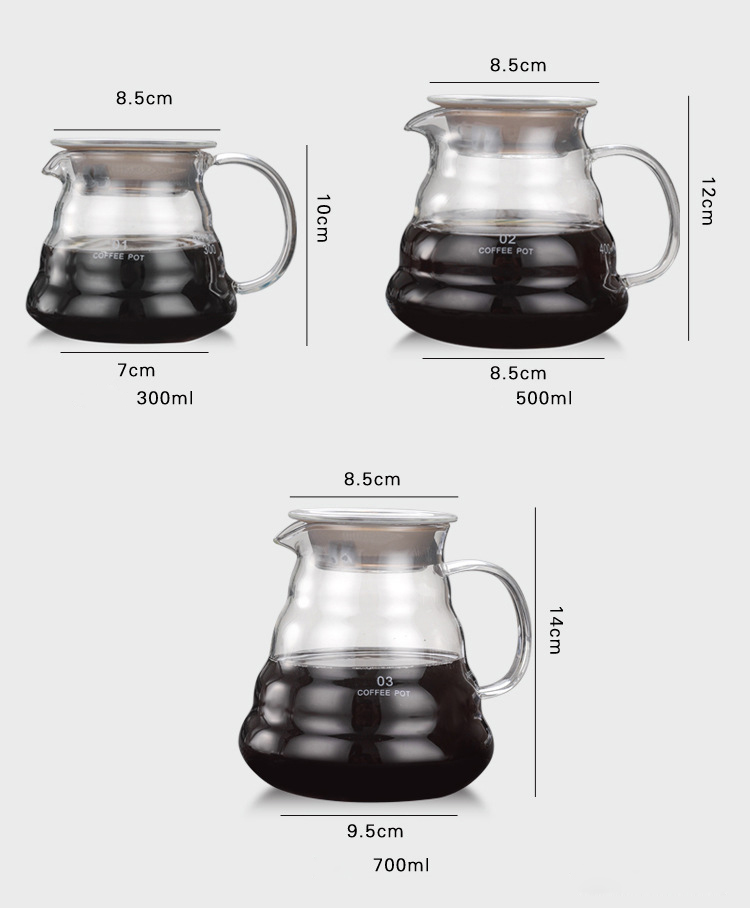 300ml 500ml 700ml 1200ml Heat Resistant Handmade Borosilicate Glass Coffee Pot V60 Coffee Maker