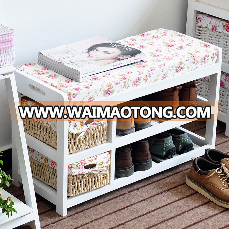 Wholesale White Color Wood Storage Entryway Shoes Bench with Baskets Organizers