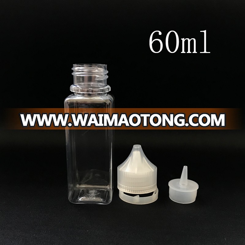 Wholesale 60ml square empty bottles dropper juice plastic pet child proof bottles