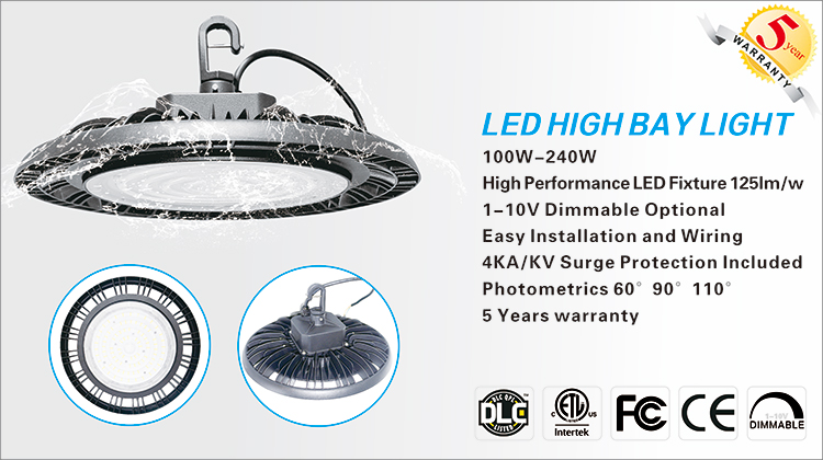 ETL DLC Listed 150W 5000K IP65 UFO  High Bay, Waterproof Industrial Grade LED Warehouse Lighting