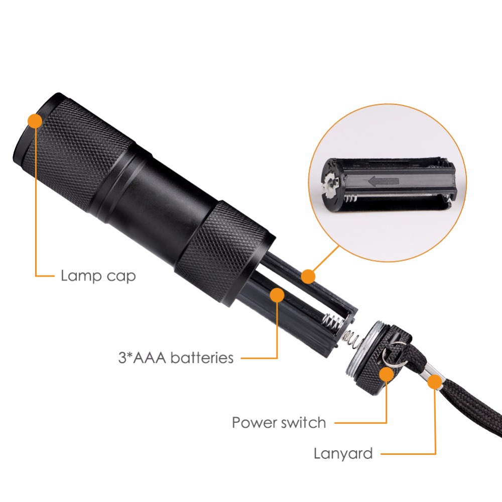 High Quality UV Blacklight Aluminum Alloy 3*AAA Battery Best UV Flashlight 9 Led UV Torch Light