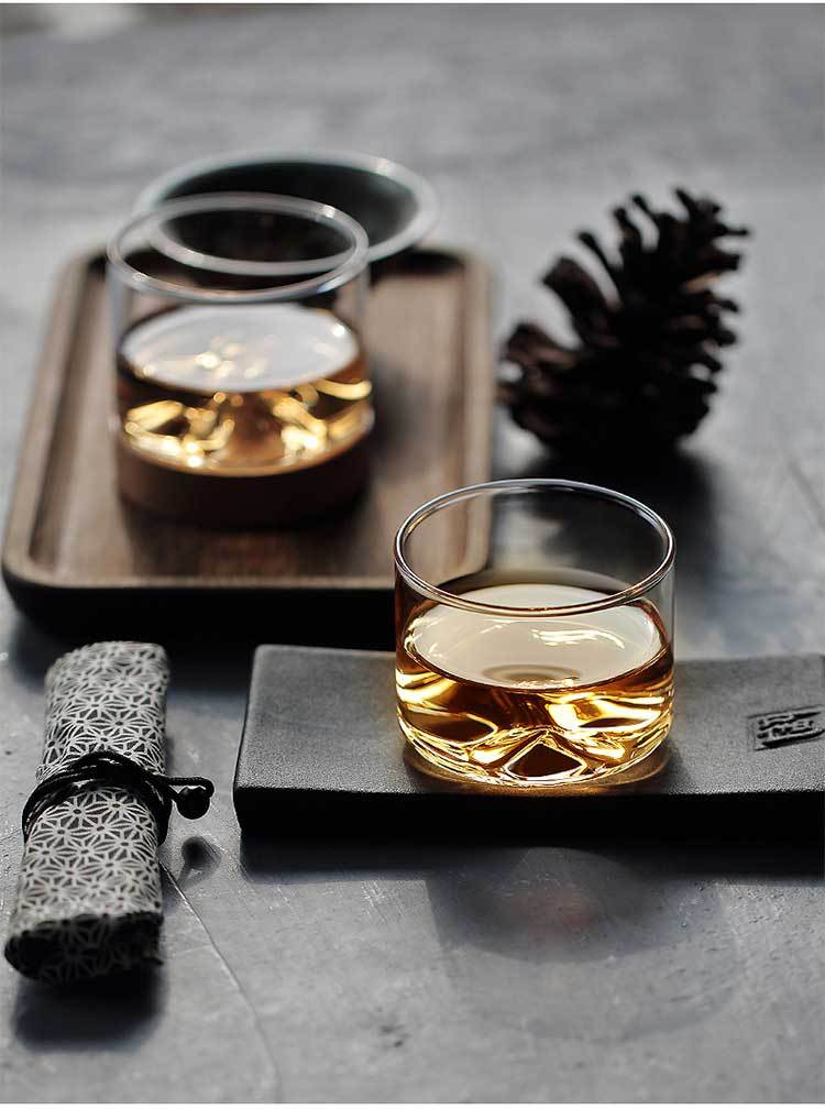 Creative 120ml Functional Small Glass Drinking Cup With Black Walnut Beech Wooden Tray For Beverage