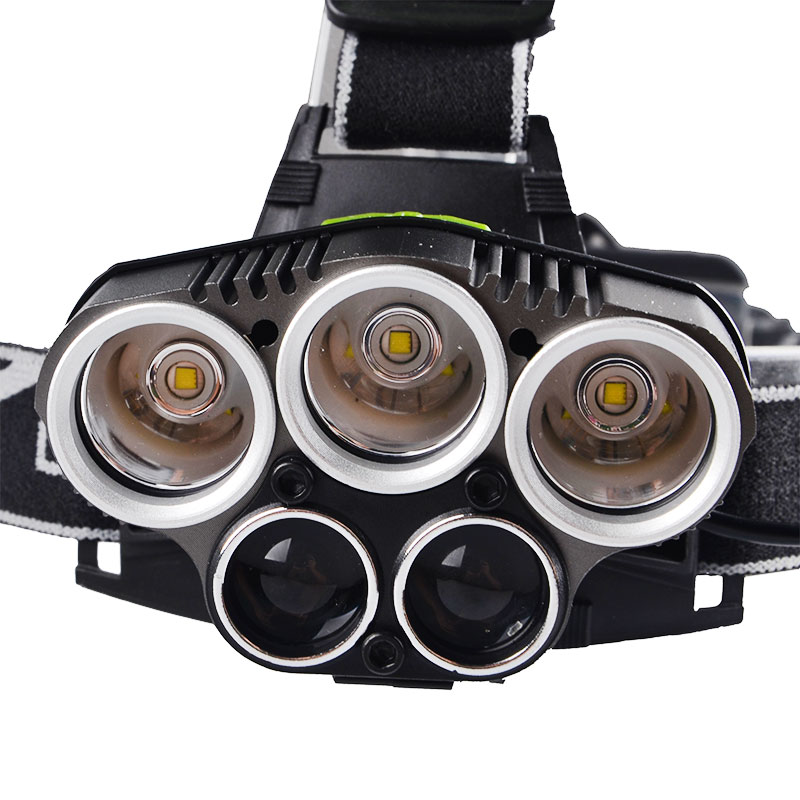 High Quality Aluminum 1800 Lumen Rechargeable 5LED Headlamp Brightest 18650 3*T6+2*R2 LED Headlight