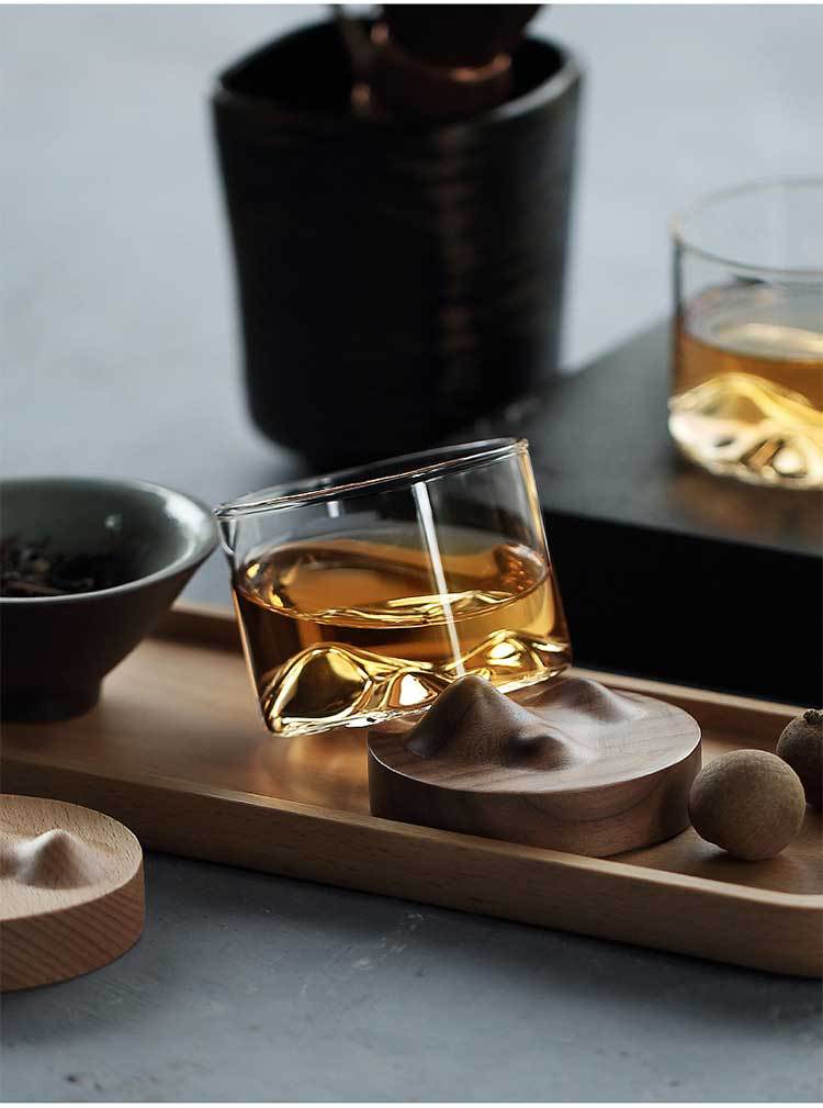 Creative 120ml Functional Small Glass Drinking Cup With Black Walnut Beech Wooden Tray For Beverage