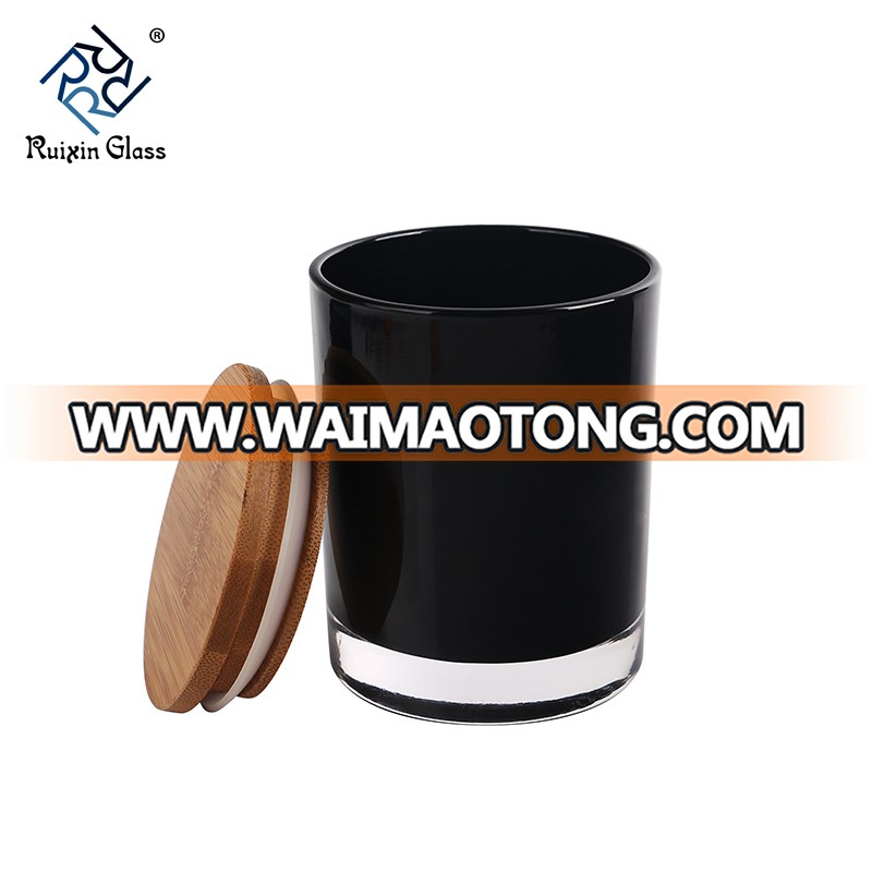 Customized Logo Glass Candlestick  Candle Holder Jar Spray Black And White Color With Bamboo Wooden Lids