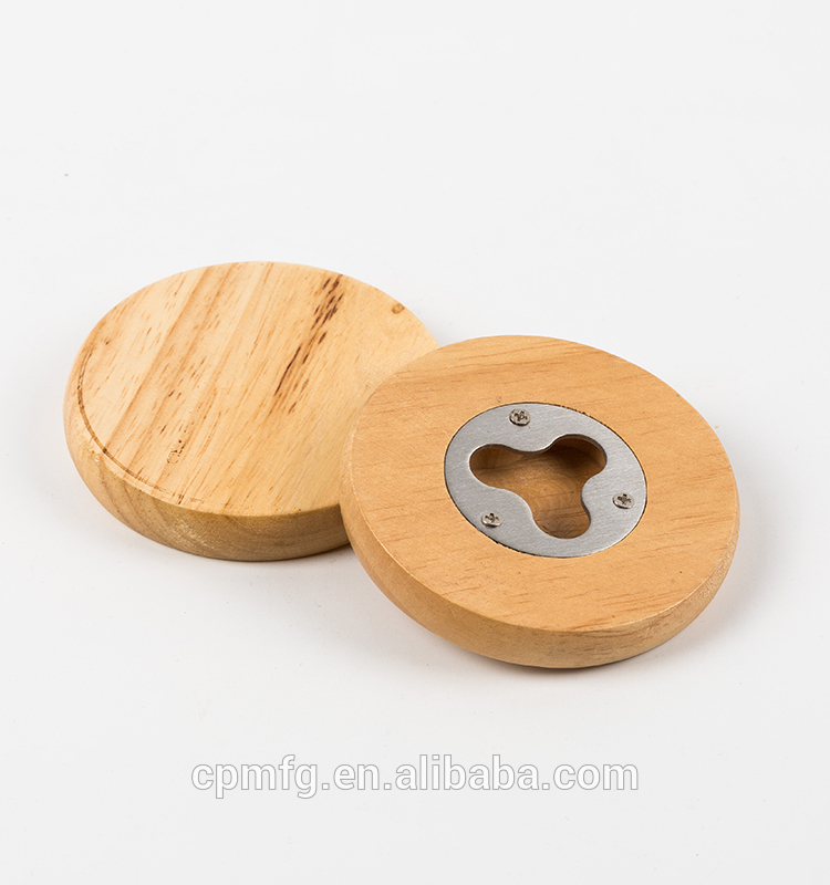 eco friendly magnetic round wood coaster bottle opener