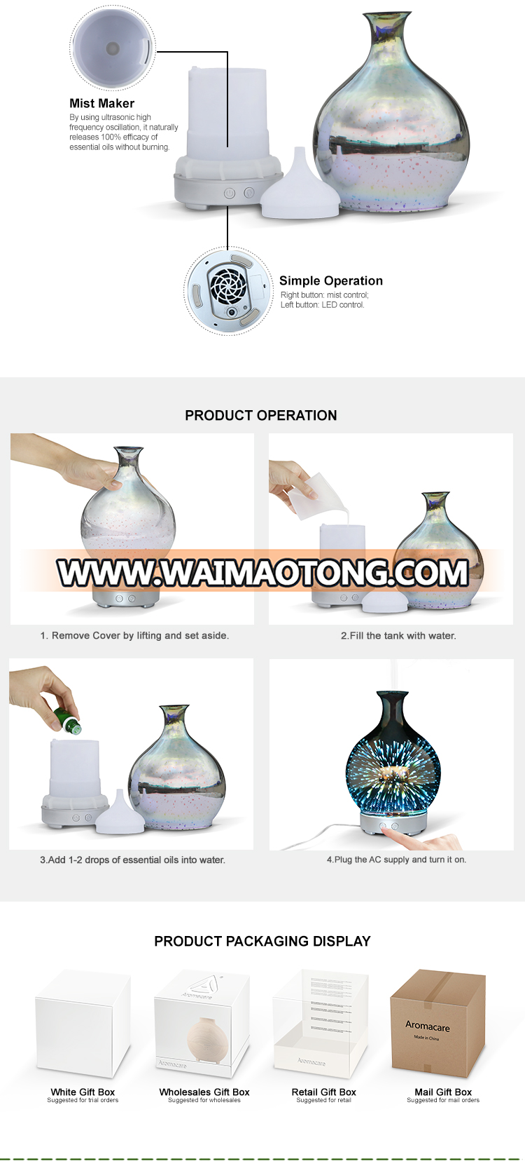 Fancy Natural Oil Ultrasonic Aroma Diffuser Essential Oil Cool Mist Humidifier 3D Glass Bottle Diffuser