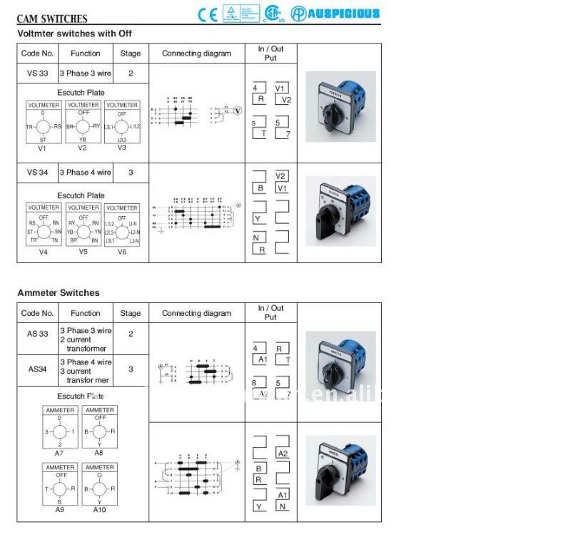 Voltmeter Switch, 3 Phase 4 Wire Rotary Switch, Cam Switch (VS34)