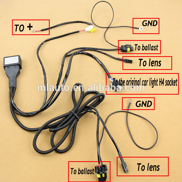 Good quality HID bi xenon H4 Wire harness for 35W and 55W for projector lens