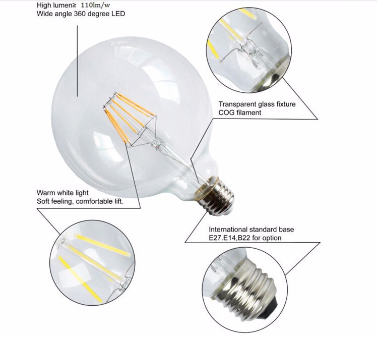 Industrial Style Vintage Edison Filament LED Globe Lighting Bulb E27 2W 4W 6W 8W G125 G95 G80 LED Globe Bulb