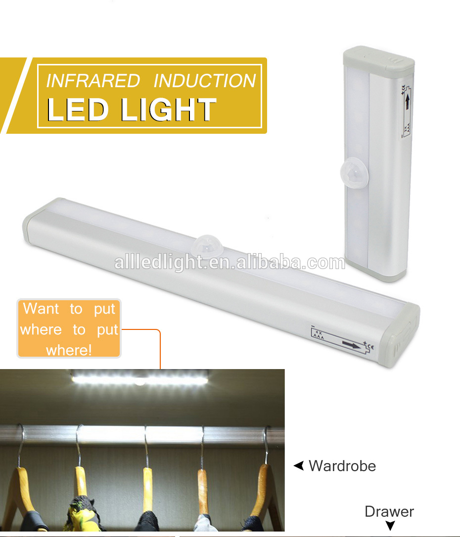 PIR Motion Sensor LED Under Cabinet Light Auto On/Off 10 LEDs for Kitchen Bedroom Armario Closet Wardrobe Night Light