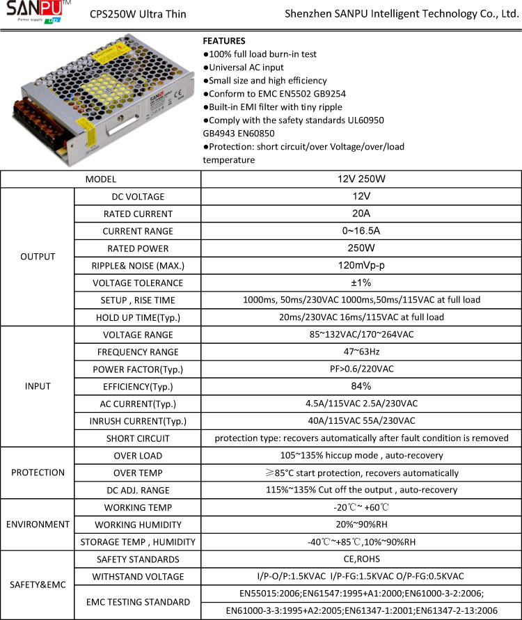 LED Light Power Supply Aluminum 250W 12V SANPU New Arrival AC 220V to DC 12 V Sigle Output Small Without Fans for led strip