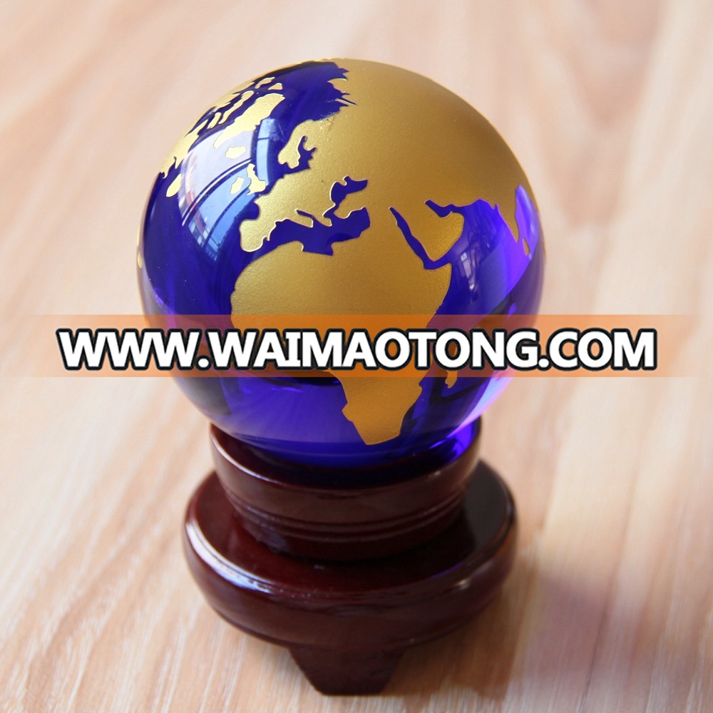 80mm blue globe ball sandy blast with golden color round crystal blue globe ball with wooden base with gift box