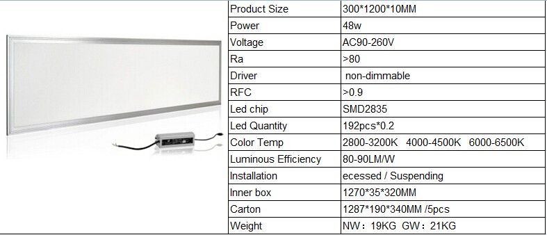 China shenzhen 48w light led panel 300x1200 surface mounted AC90v 265v office ceiling lighting ce rohs