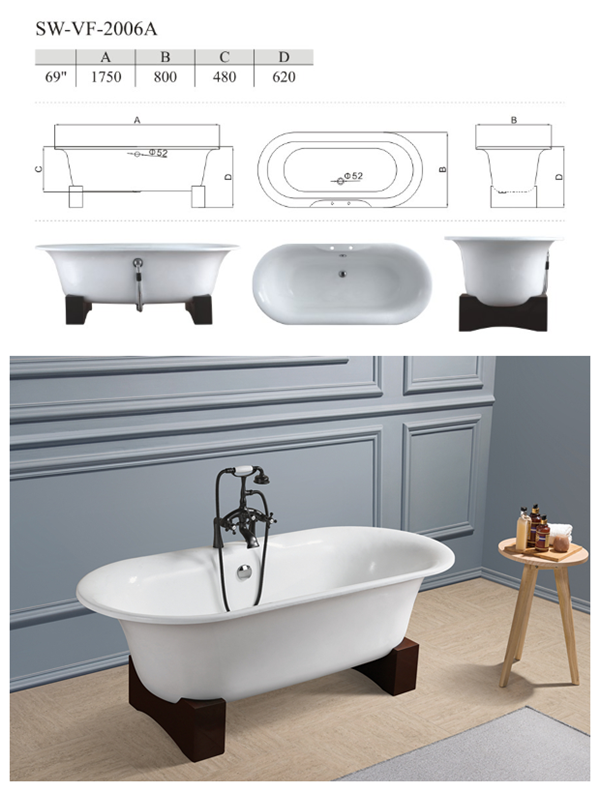 Double End Cheap 69 Cast Iron Bathtub with 7'' Rim Drillings Holes