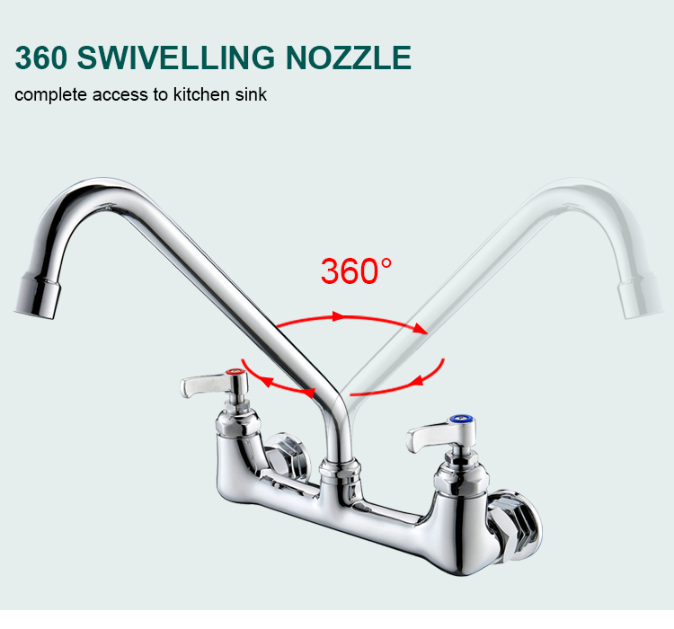 Chrome double handle wall mount kitchen sink faucet