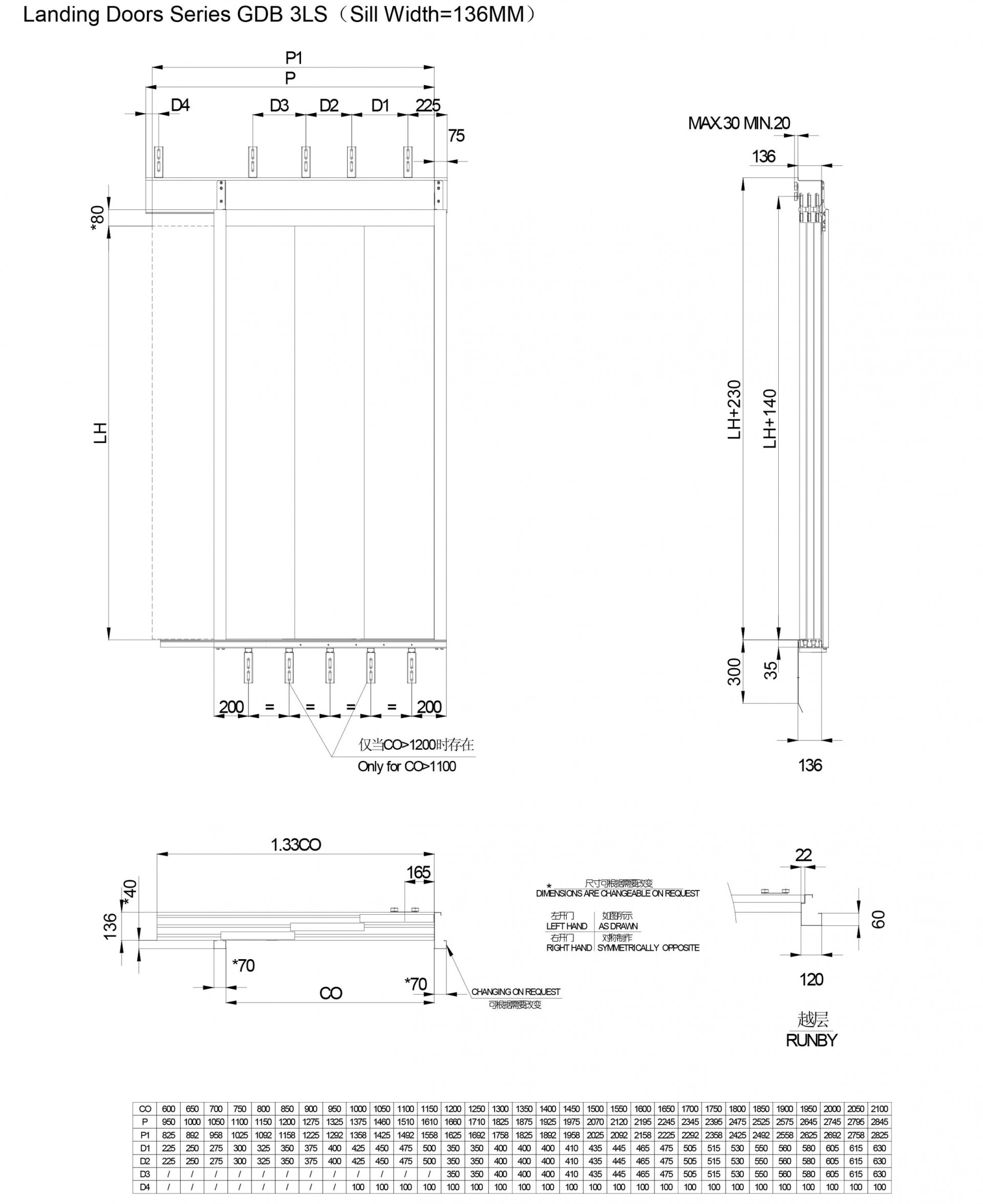 3 Panel Side Opening 500-2100mm Elevator Landing Door Operator For Sill Width 136mm