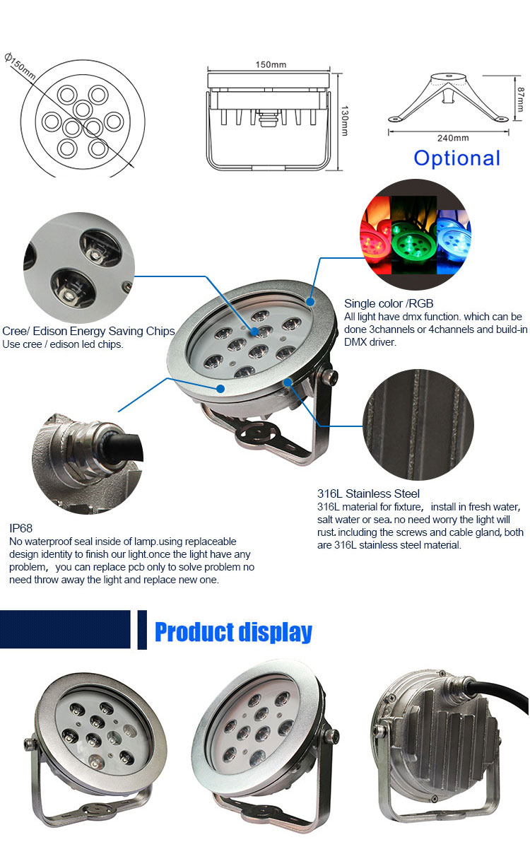 IP68 316SS RGB 27W underwater LED lights