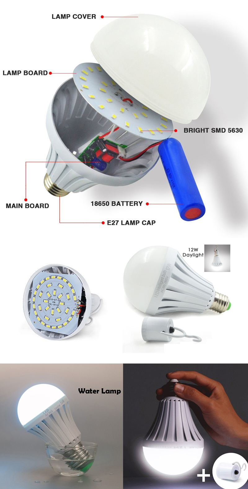 high temperature resistant  light raw materials e27 e14 12v dc/ac  9w led Rechargeable  Emergency bulb with battery