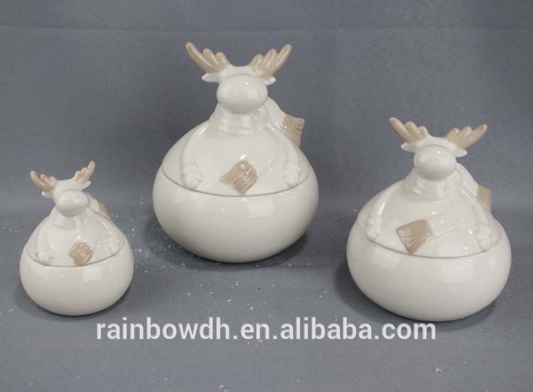 Transparent Glaze Christmas Decor Reindeer Ceramic Jar with Lid