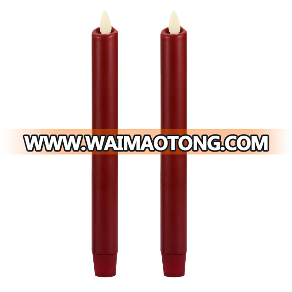 Real wax surface flameless  moving wick LED taper candles with timer and remote 2pcs/set Burgundy