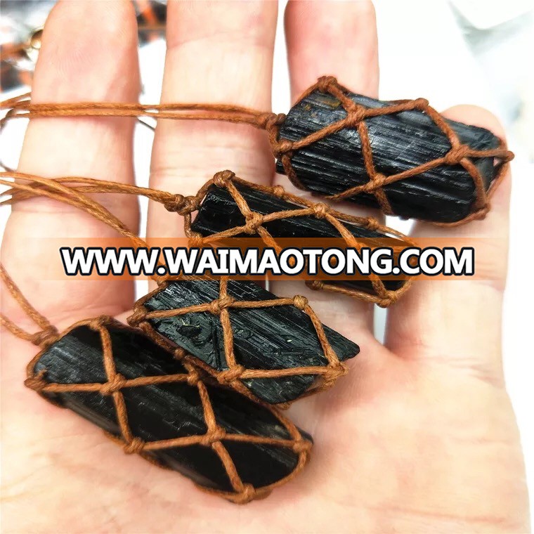 Hot sell cord knot stone pendant black tourmaline rough pendant