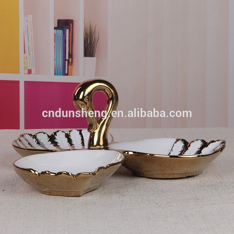 chaozhou handicraft single swan decor ceramic three compartment plate for dry fruit