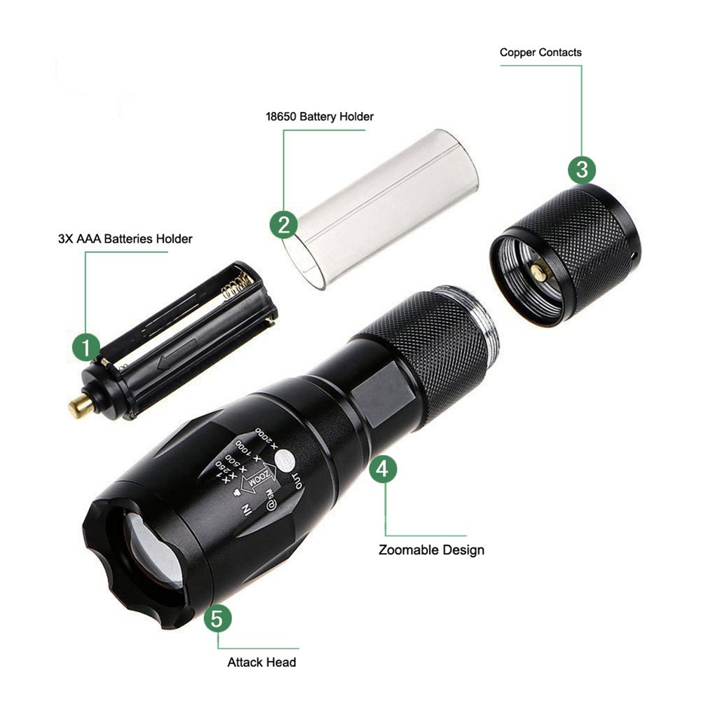 1000 Lumen T6 Handhold 5 Modes Zoomable design Tactical Flashlight LED Torch Flashlight