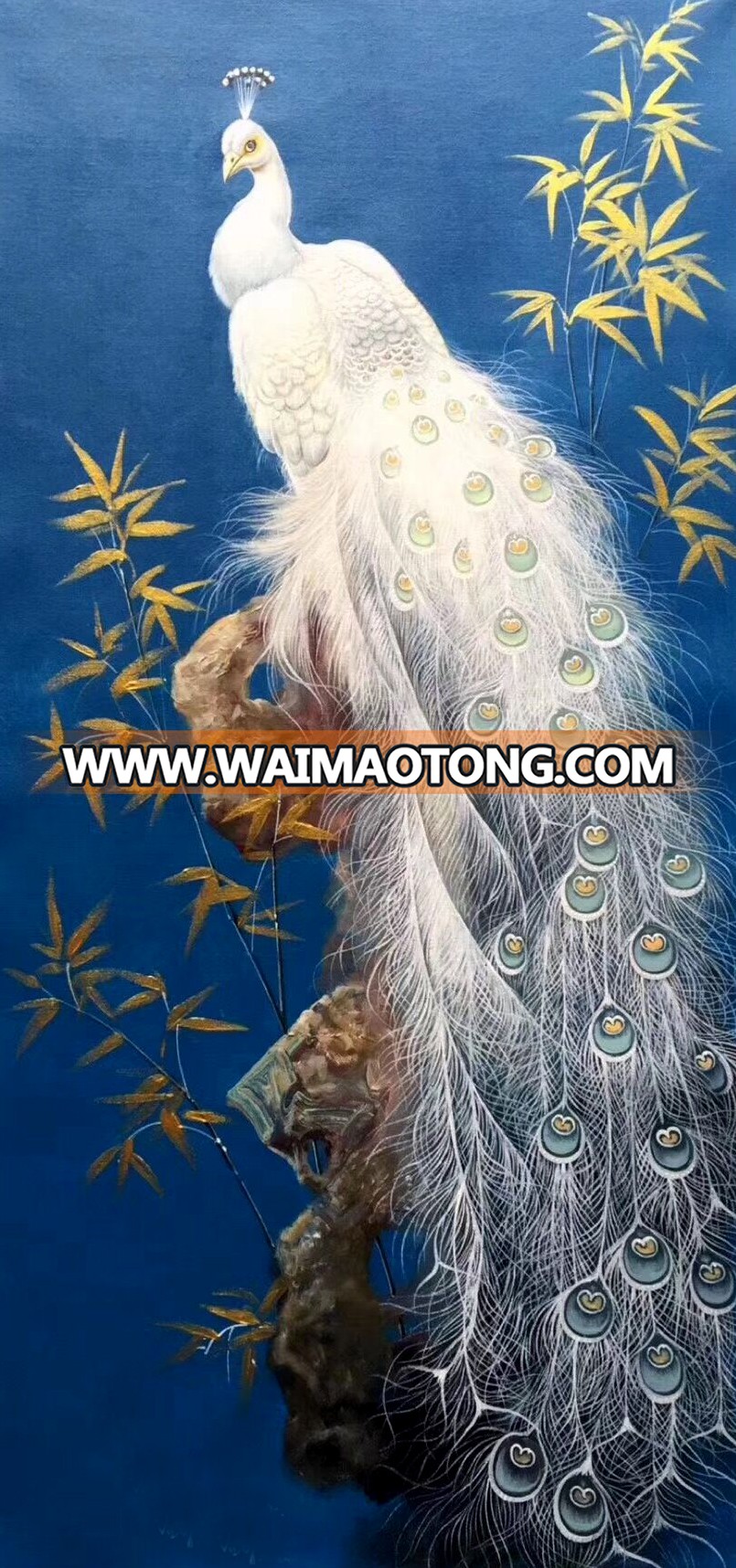 Handmade Beautiful White/Blue Peacock Painting Canvas Wall Art for Home Decoration