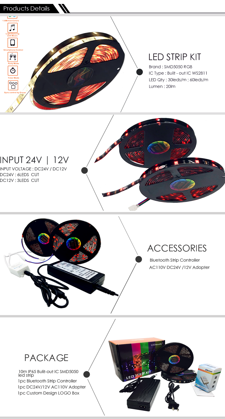 Color changing Led strip kit: 5m/roll 10m/set 5050 RGB strip +12V 5A Power adapter+Bluetooth LED Controller + Colorful Box