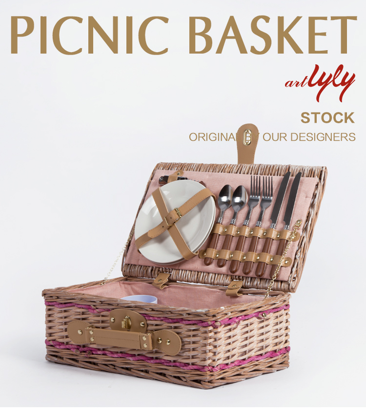 Rattan willow hand woven crafts decorative pink 2 person food fruit storage hamper small gift wicker picnic set baskets with lid