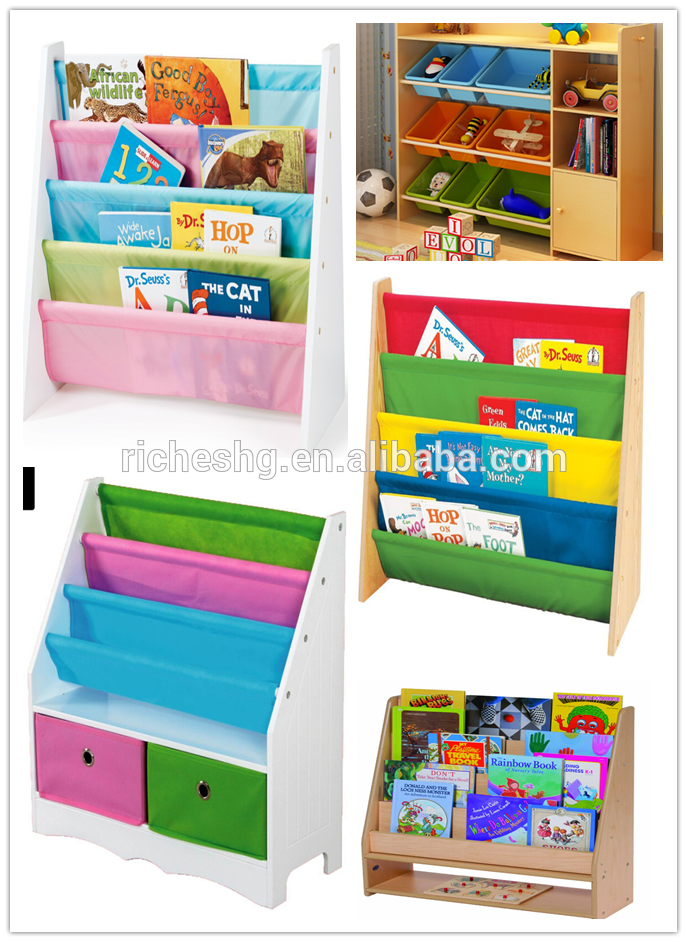 4 tier Kids' Book display Rack wooden bookcase with nylon fabric pockets kids bookcase