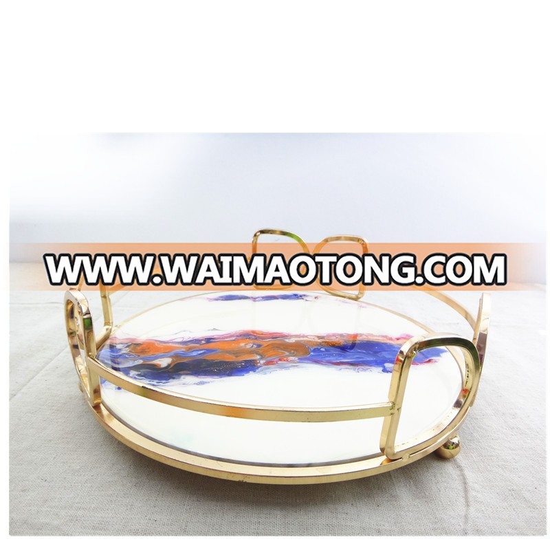 Marble and crystal resin agate round candy tray dishes with gold handle