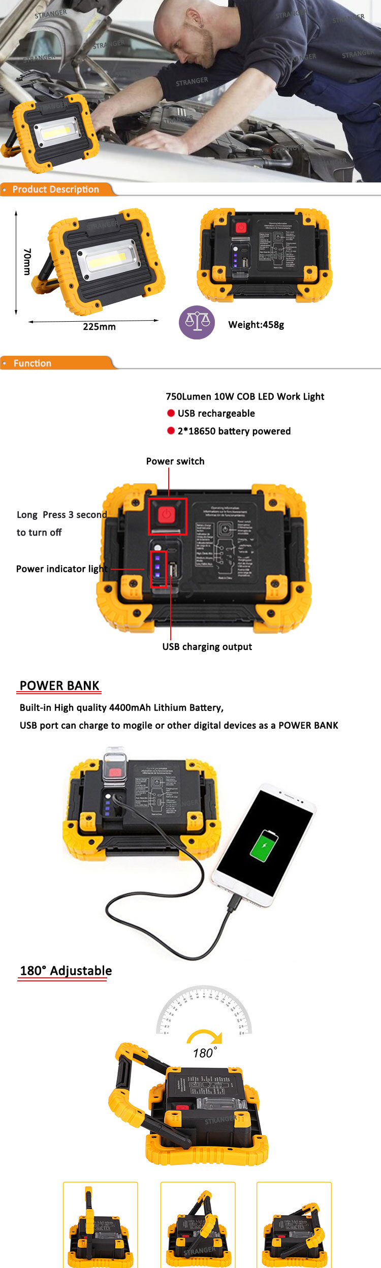 Waterproof 18650 Battery Powered USB Super Bright Cordless Flood 10w Portable Rechargeable cob led Work Light With Stand