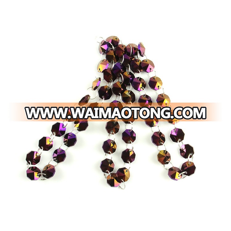 Hot sales coating purple 14mm crystal garland strand with silver metal rings for the wedding hall was beautifully decorated