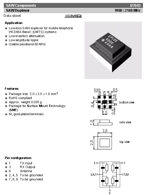 EPCOS B39212-B7643-P510 saw filter saw duplexer for WCDMA