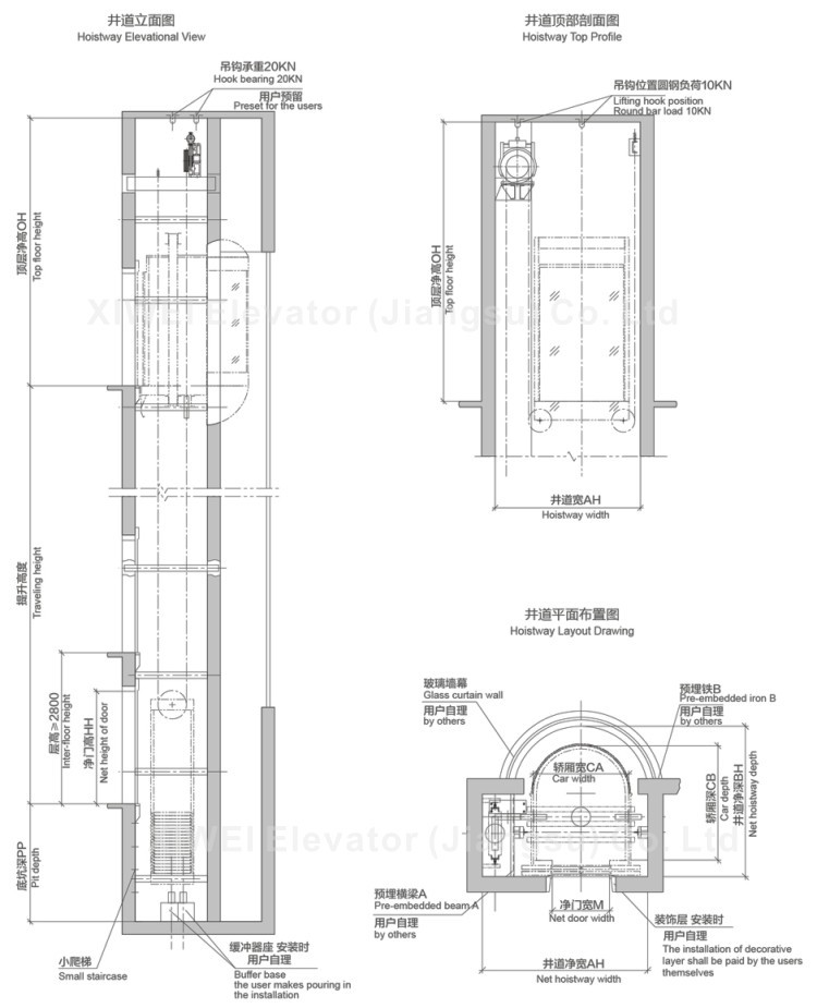 Famous Brand XIWEI 800kg, 1.0m/s Sightseeing Panoramic Elevator For 10 Person