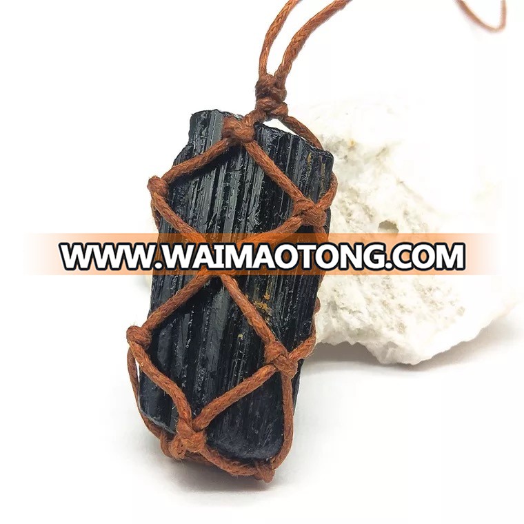 Hot sell cord knot stone pendant black tourmaline rough pendant