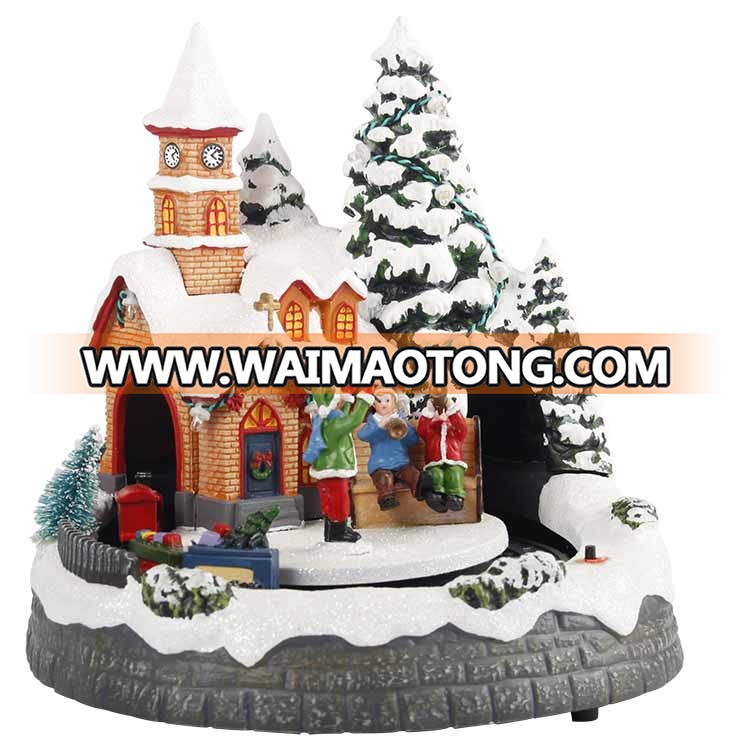 Battery operated musical led polyresin church train decorative resin Village scene Christmas decoration