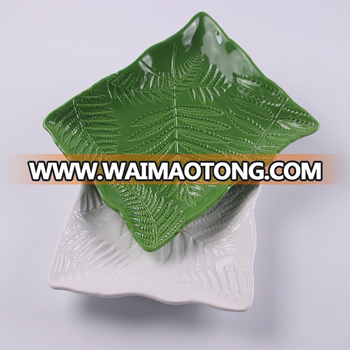 Factory price rectangle leaf embossed ceramic plates