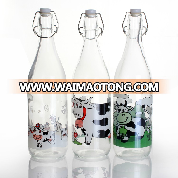 1L frosted glass milk bottle with clip top,glass bottle for bevrage and milk