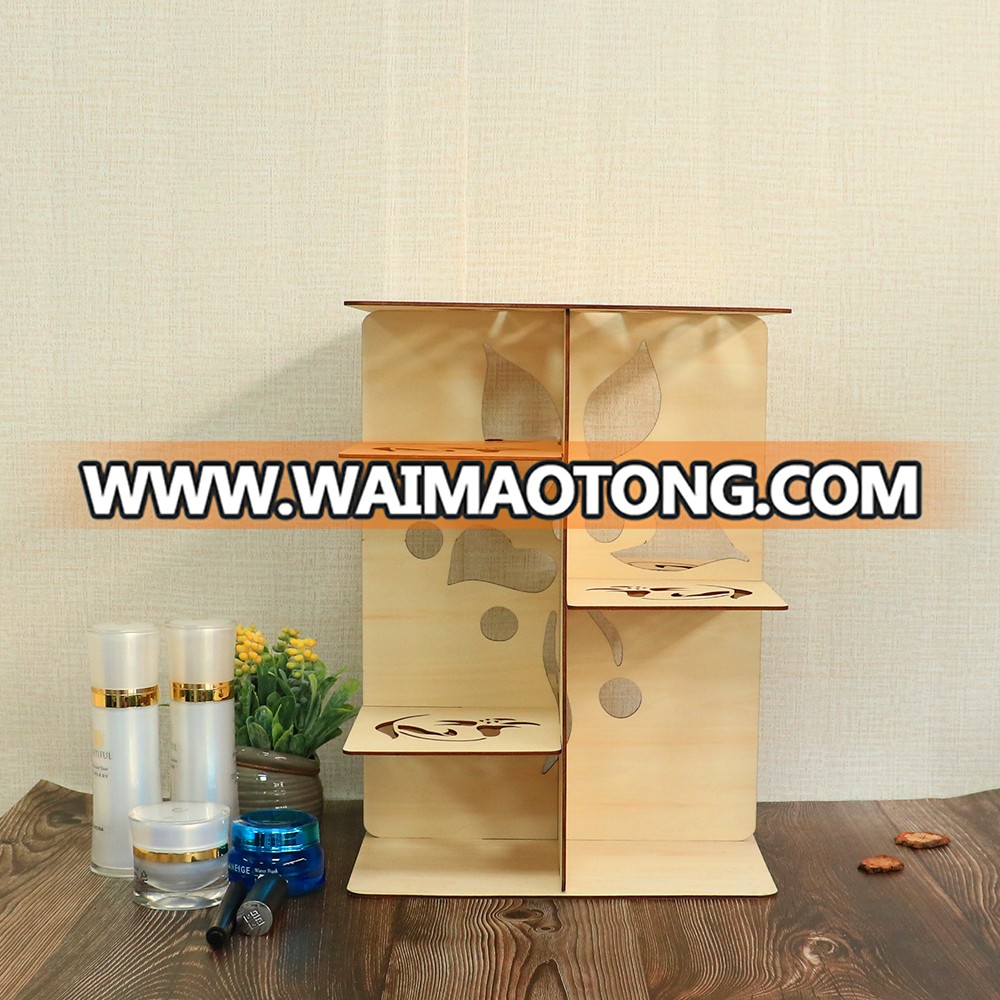 Hot selling laser cut wood cosmetic rack shelf for make up