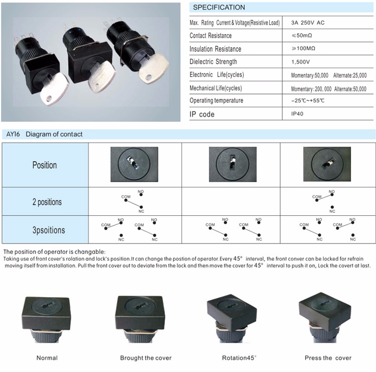 High security IP40 16mm 3A 250V AC 3 way 3 position door release elevator key lock switch