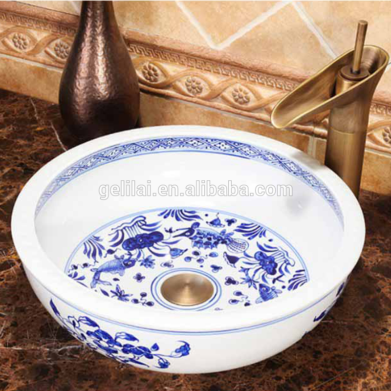 Blue color hand painting ceramic round counter basin price