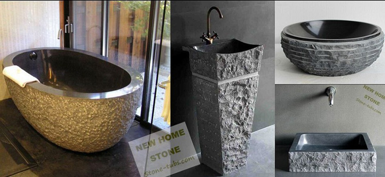 Customize Half Ribbed High Polished Surface Pedestal Natural Black Stone Sink