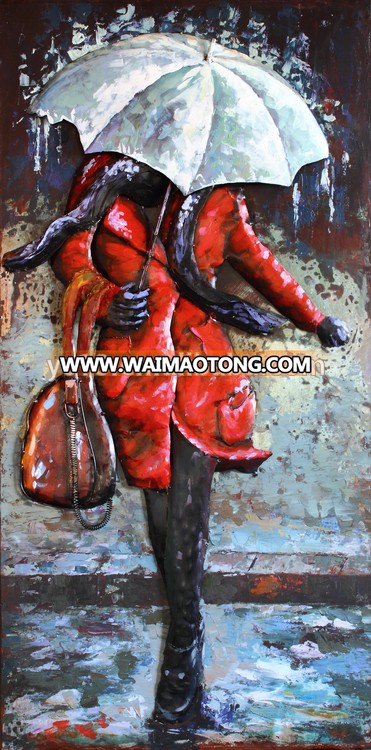 red umbrella in the rain modern Painting for Hotel Metal 3D Iron wall art