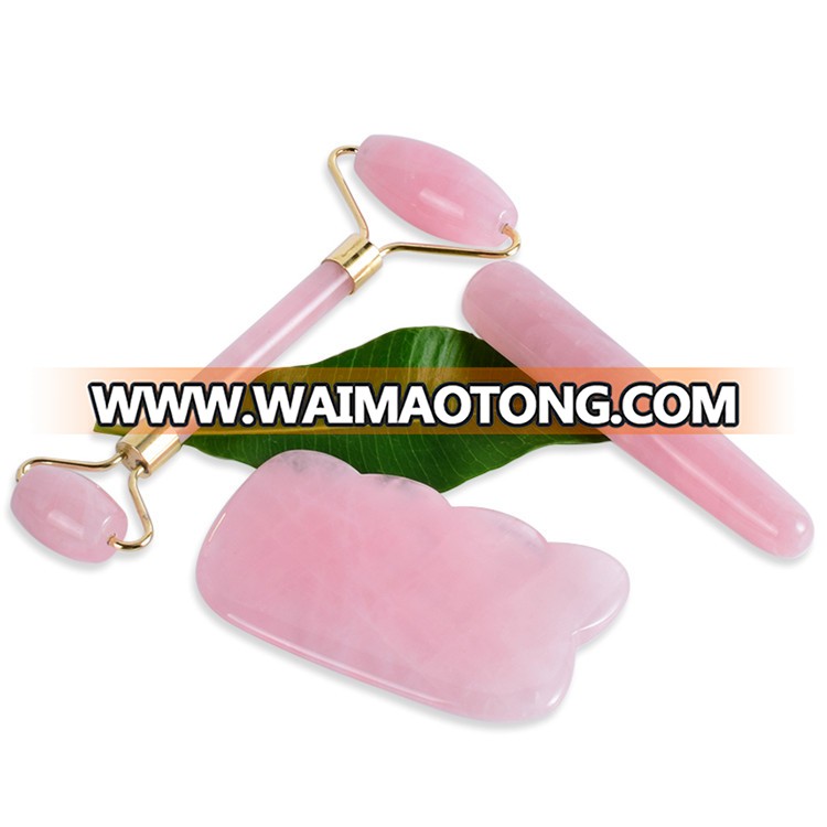 Bulk Wholesale Beauty Roller Natual A Grade Rose Quartz Facial Jade Roller With Massage Wand and Guasha Board