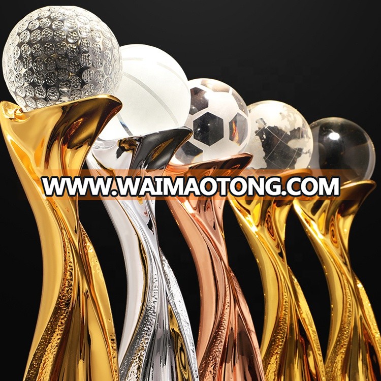 Latest design  black base and golden metal  crystal trophy with clear  crystal ball sports awards for business award three color