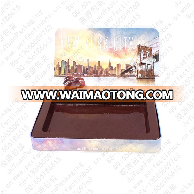 Flat rectangular empty metal choclate tin box with vac PET tray